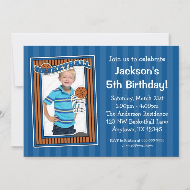 Basketball Photo Birthday Party Blue Invitations (Front)