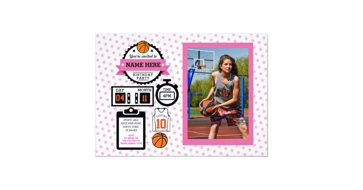 Basketball Photo Birthday Pink Sport Party Girls Invitation Zazzle Com