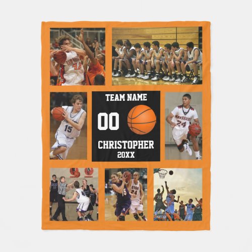 Basketball photo collage orange fleece blanket