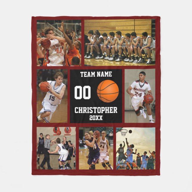 Basketball photo collage red wine fleece blanket (Front)