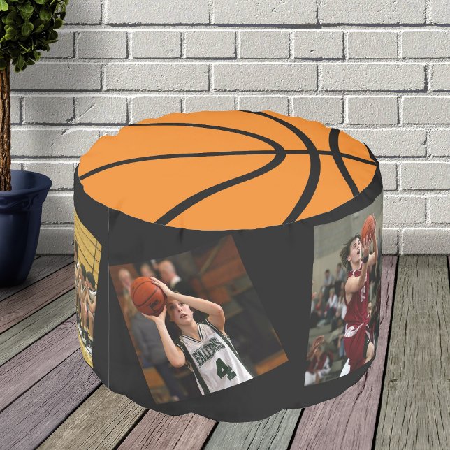 Basketball Photo Collage Round Pouf (Basketball Ball Photo Collage Modern Pouf)