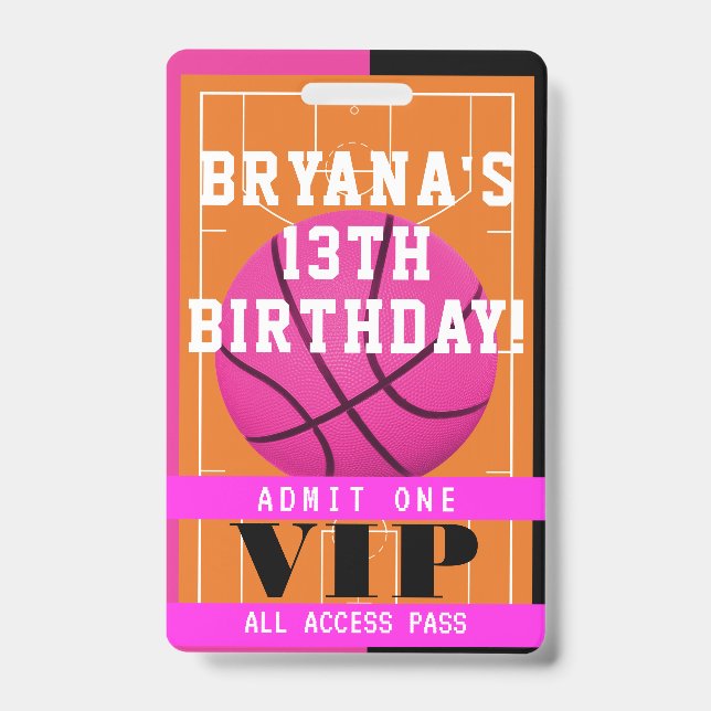 Basketball Pink Birthday Party VIP Pass Badge (Front)