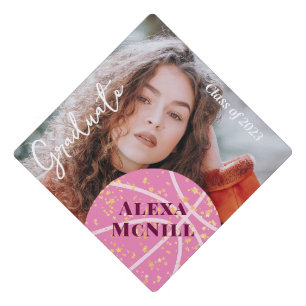 Basketball Pink Sparkle Personalized Photo Name Graduation Cap Topper