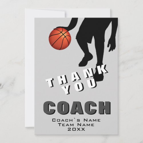 Basketball Player Basketball Coach Thank You Card - Modern Basketball Player Coach Thank You Card. The card has a black basketball player silhouette with a basketball. Great card for thanking sports coaches, high school team trainer, mom or dad coach, etc. Customize any text on the card. Add the coach`s name, team name and year.