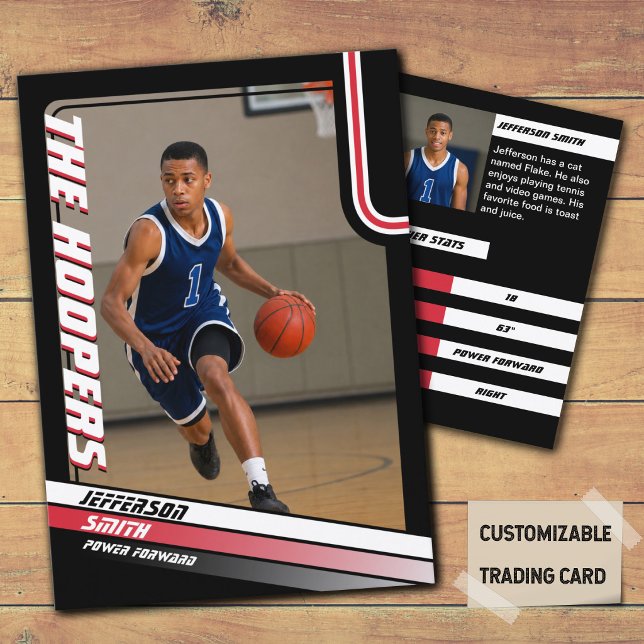 Basketball Player Custom Black Trading Card Red (Basketball Player Trading Card in Black with custom team name and player name with Red stripes)