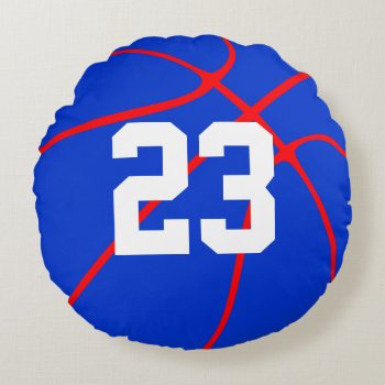 Basketball Player Custom Jersey Number Blue & Red Round Pillow by SoccerMomsDepot at Zazzle