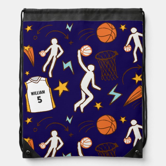 Basketball Player Custom Name Number Navy Blue Drawstring Bag (Front)
