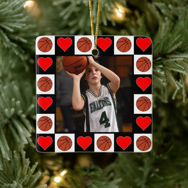 Basketball Player Custom Photo Christmas Heart Ceramic Ornament (Tree)