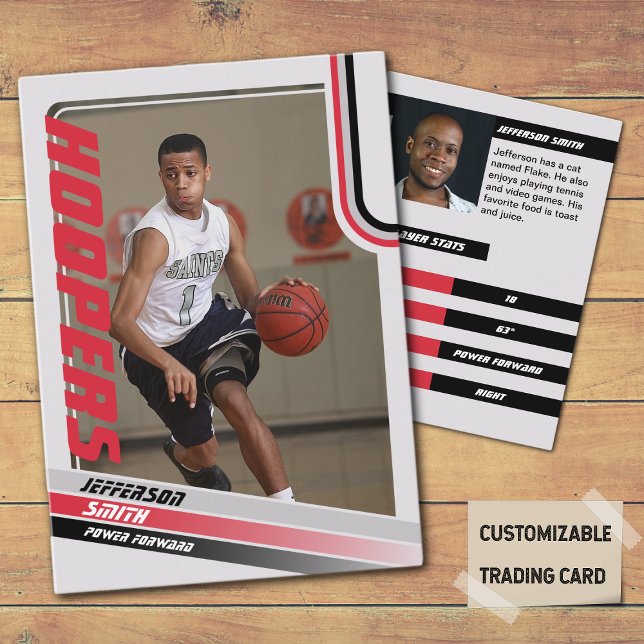 Basketball Player Custom Trading Card In Black Red (Basketball Player Trading Card in Grey with custom team name and player name with Red stripes
)