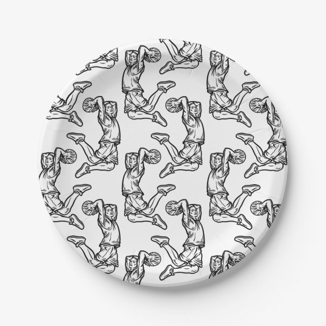 Basketball Player Doing Slam Dunk Dark Design Paper Plates (Front)