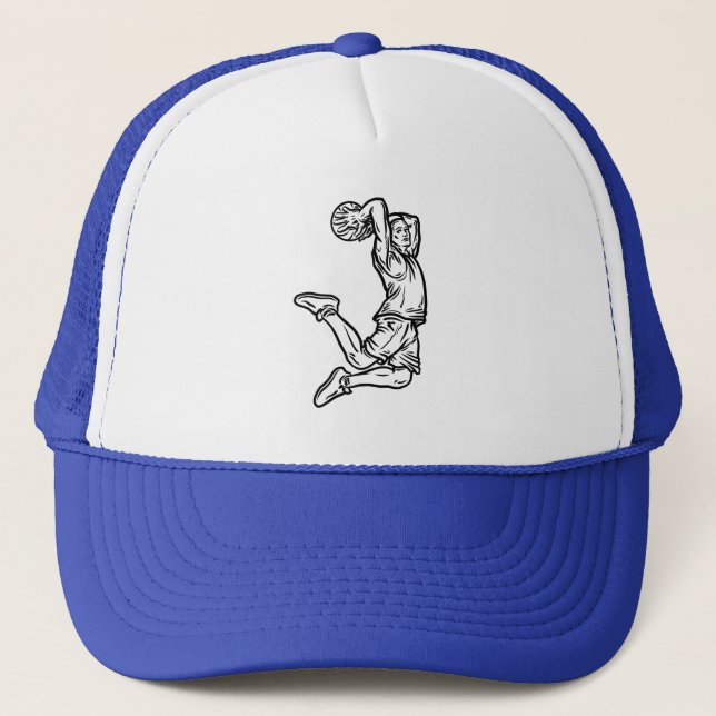 Basketball Player Doing Slam Dunk Dark Design Trucker Hat (Front)