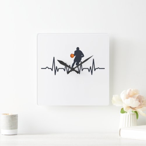 Basketball player dribbling heartbeat square wall clock