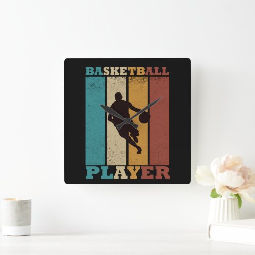 Basketball player dribbling vintage retro style square wall clock