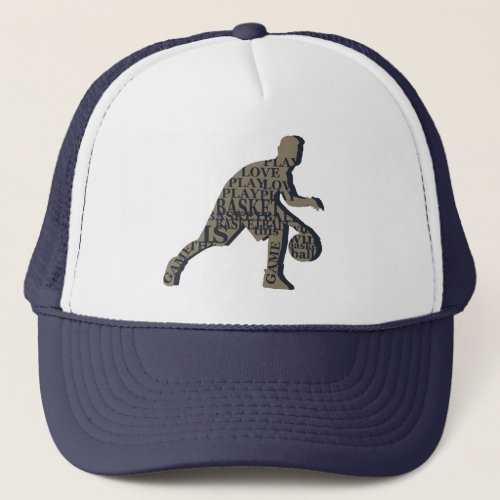 Basketball player dribbling with full body text trucker hat