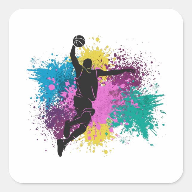 Basketball Player Grungy Color Splashes Square Sticker (Front)