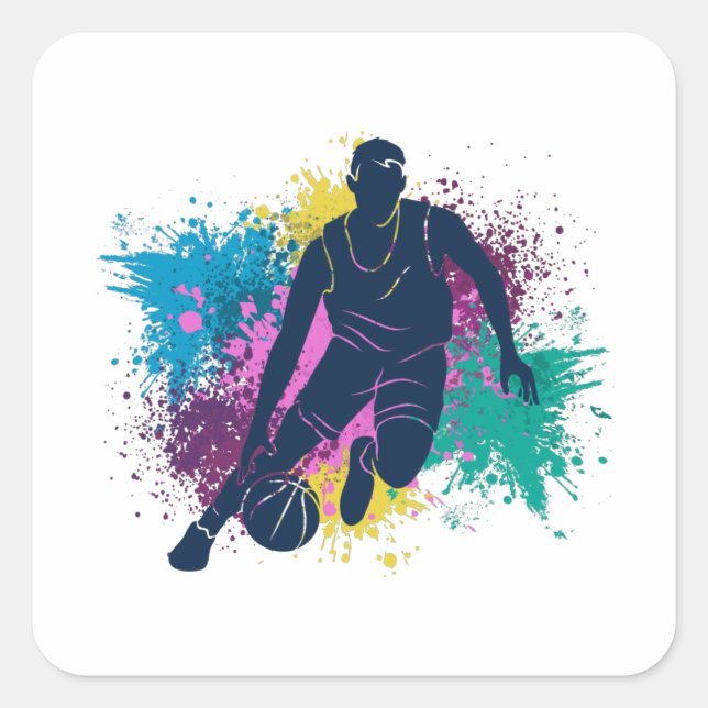 Basketball Player Grungy Color Splashes Square Sticker (Front)