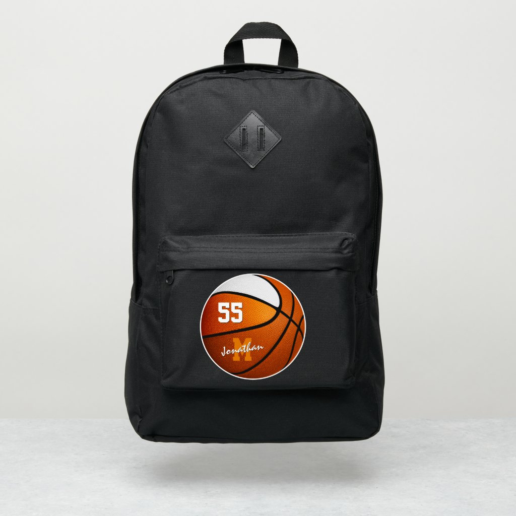 basketball player name orange white team colors backpack