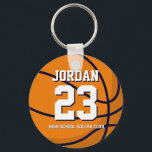 Basketball Player Number School Sports Team Keychain<br><div class="desc">A perfect pin for sports fans,  athletes,  players,  coach or captain of the basketball team. You can customize the wording to fit any events with this sports theme,  whether it's birthday,  championship celebration or winning party.</div>