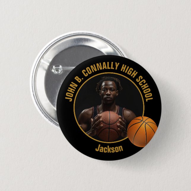 Basketball Player Photo Black Gold High School Button (Front & Back)