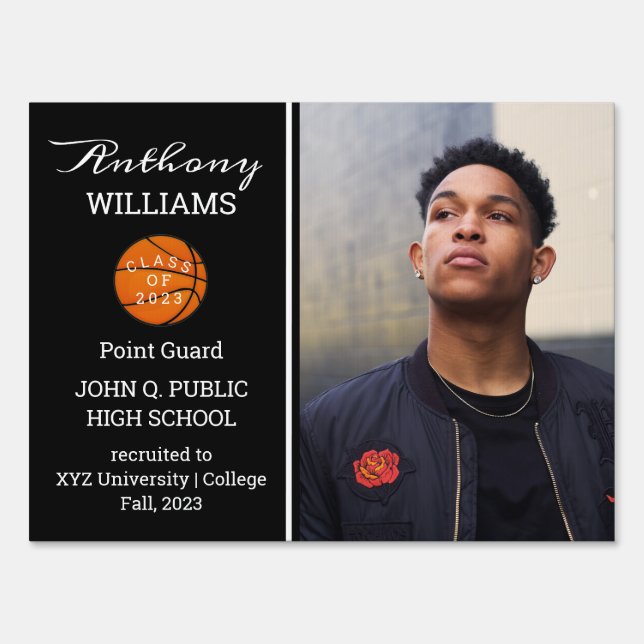 Basketball Player Photo Black | White Graduation Sign (Front)