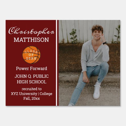 Basketball Player Photo Dark Red Graduation Sign