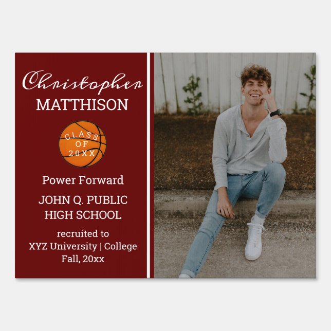 Basketball Player Photo Dark Red Graduation Sign (Front)