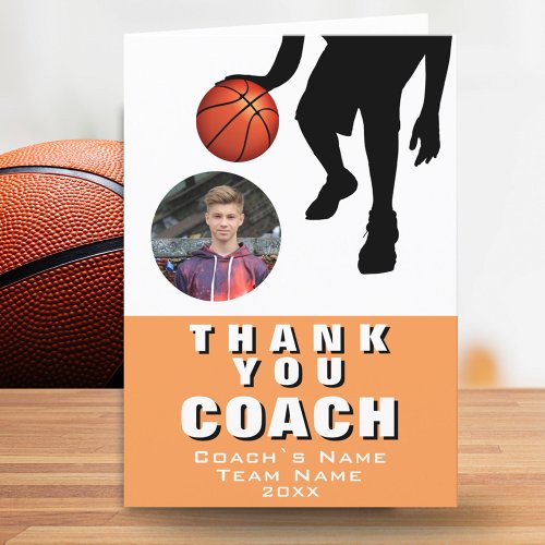 Basketball Player Silhouette Photo Coach Orange Thank You Card