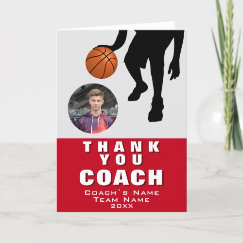 Basketball Player Silhouette Photo Coach Red Thank You Card
