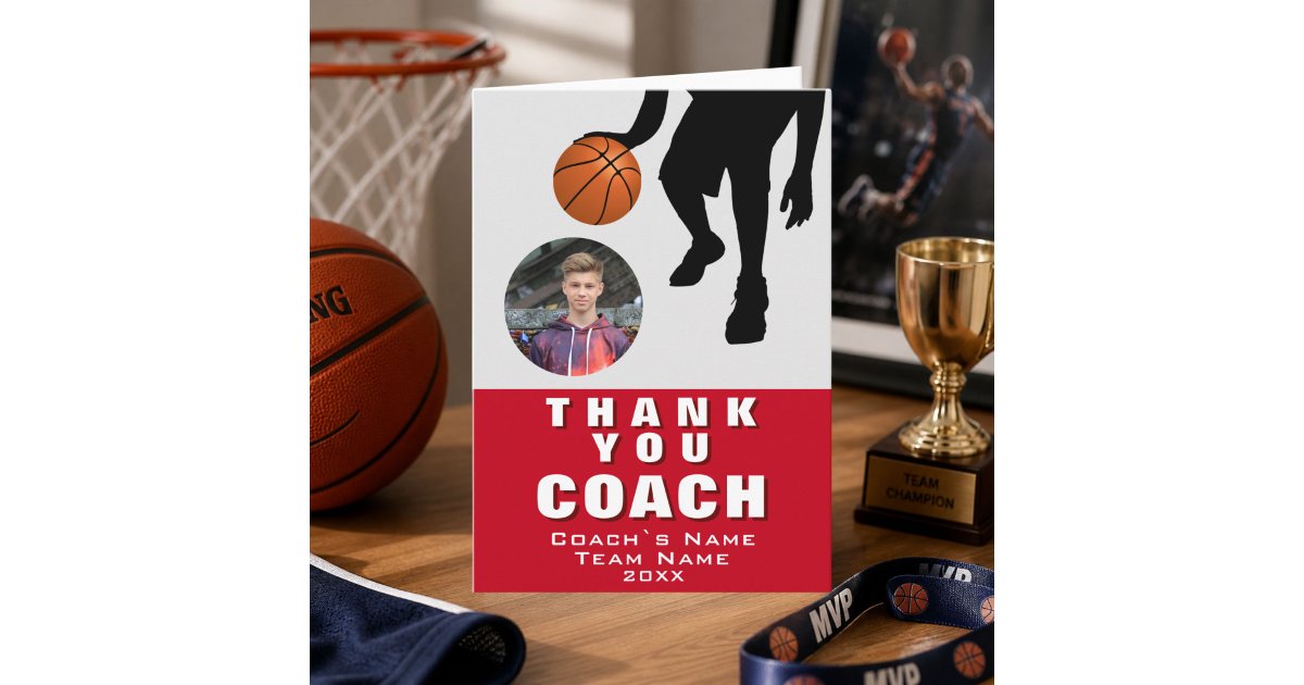 Basketball Player Silhouette Photo Coach Red Thank You Card | Zazzle