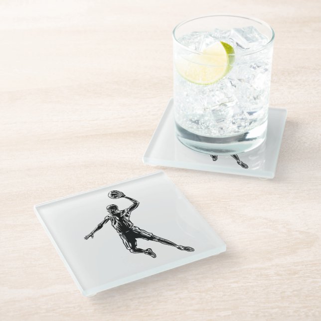 Basketball Player Slam Dunk Dark Design Glass Coaster (Angled)