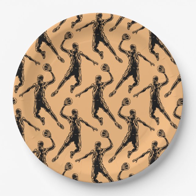 Basketball Player Slam Dunk Dark Design Paper Plates (Front)