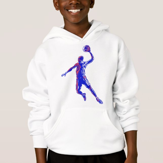 Basketball Player Slam Dunk, Red and Blue Design Hoodie (Front)