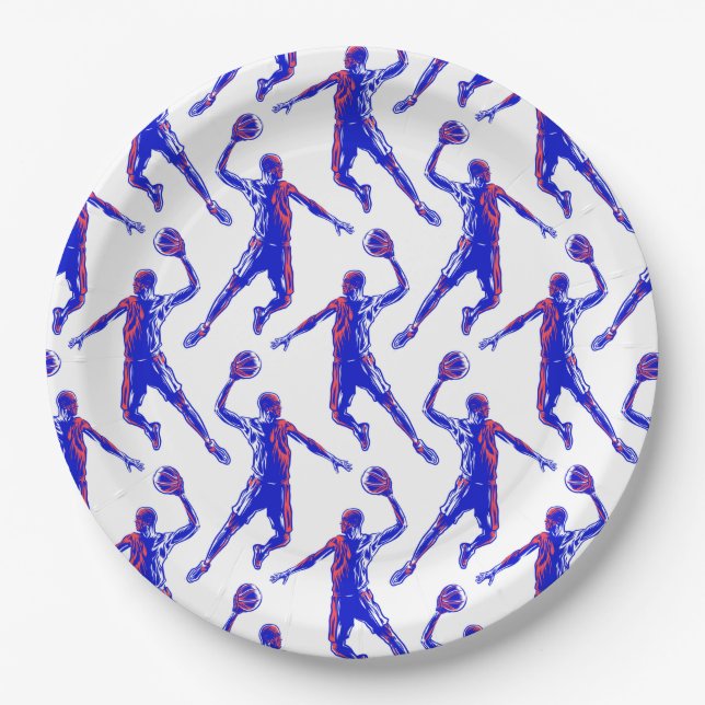 Basketball Player Slam Dunk, Red and Blue Design Paper Plates (Front)