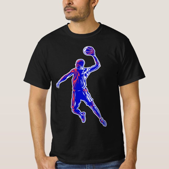 Basketball Player Slam Dunk, Red and Blue Design T-Shirt (Front)
