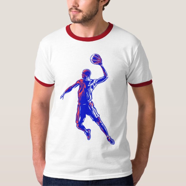 Basketball Player Slam Dunk, Red and Blue Design T-Shirt (Front)