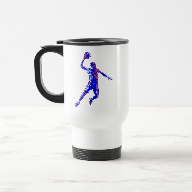 Basketball Player Slam Dunk, Red and Blue Design Travel Mug (Left)