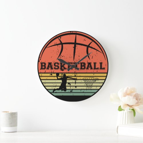 Basketball player slam dunk vintage retro sunset large clock