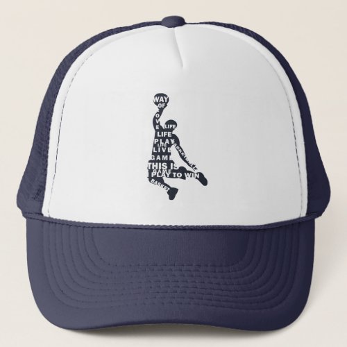 Basketball player slam dunk with full body text trucker hat