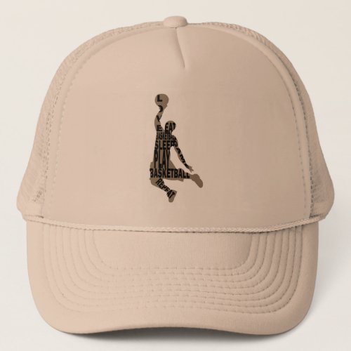 Basketball player slam dunk with full body text trucker hat