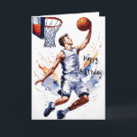 Basketball Player Splash Watercolor Happy Birthday Card<br><div class="desc">Dunk into birthday bliss with our slammin' basketball-themed card! Featuring a dynamic image of a young baller making moves on the court, it's a surefire way to score big on their special day. Customize the message inside to add that personal touch and make their celebration extra memorable. It's the perfect...</div>