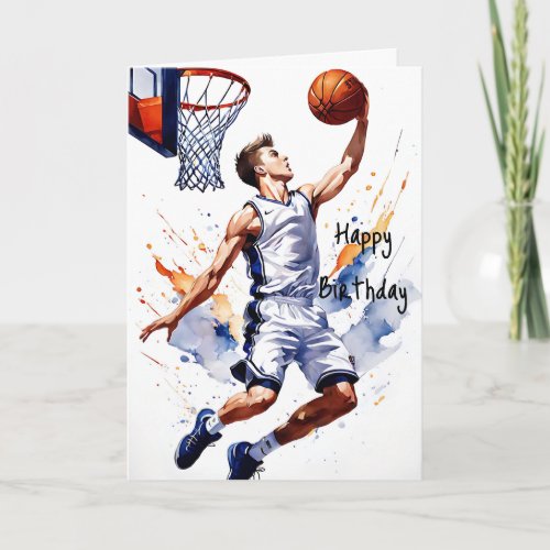 Basketball Player Splash Watercolor Happy Birthday Card