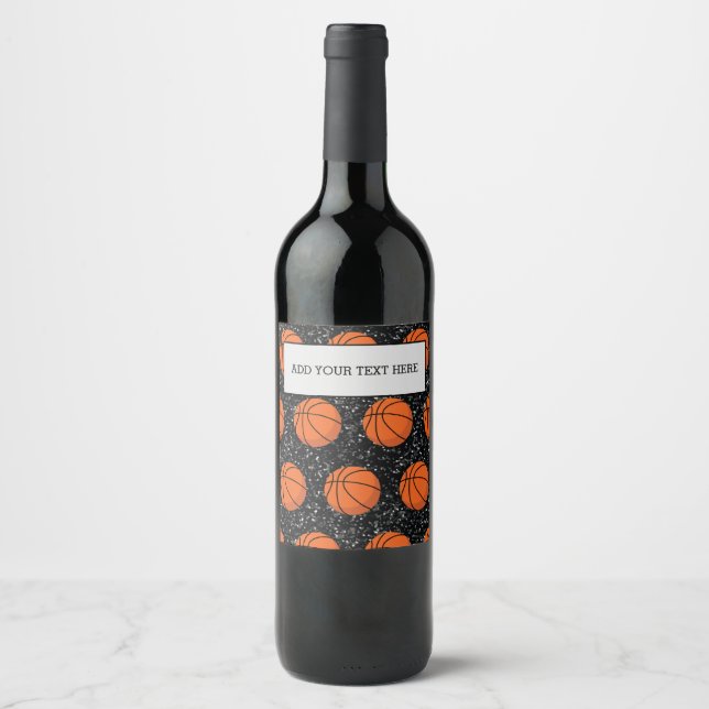 Basketball Player Sport Ball Elegant Black Glitter Wine Label (Front)