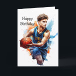 Basketball Player Watercolor Happy Birthday Card<br><div class="desc">Dribble, shoot, score, repeat! Our birthday card captures the thrill of the game with a vibrant image of a young baller hitting the court. Whether they're a seasoned player or a passionate fan, this card is a guaranteed slam dunk. Customize the message inside to add that personal touch and make...</div>