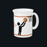 Basketball player with ball custom beverage pitcher<br><div class="desc">Basketball player with ball beverage pitcher that showcases a minimalist icon of a black silhouette of a basketball player trying to put the orange ball in the basket and your text on white background with a border in the same color of the ball. This cool design is a template and...</div>