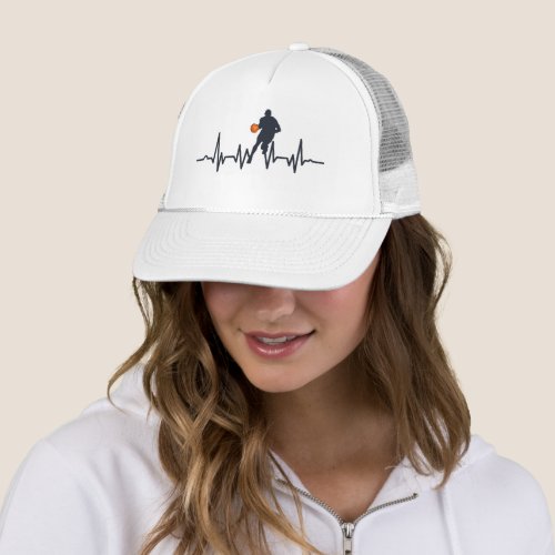 basketball player with heartbeat trucker hat