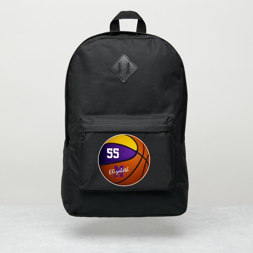 basketball players purple gold team colors backpack