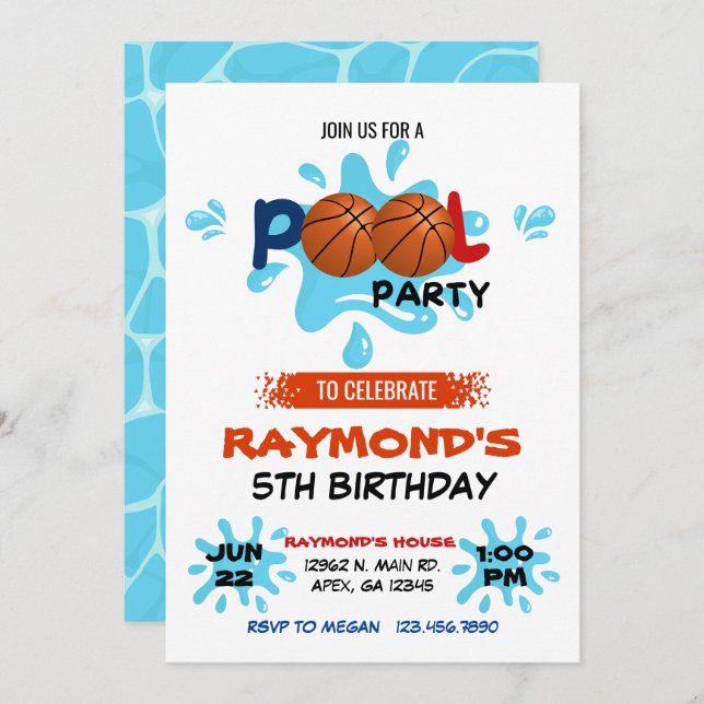 Basketball Pool Party Birthday  Invitation (Front/Back)