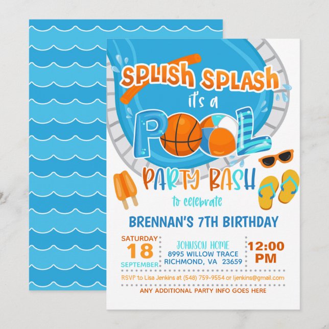 Basketball Pool Party Invitation - Boy - Wh (Front/Back)