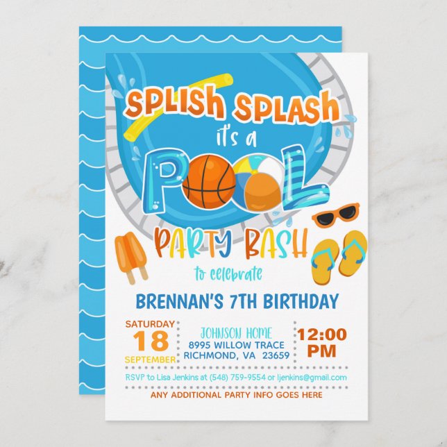 Basketball Pool Party Invitation - Boy - White (Front/Back)