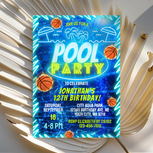 Basketball Pool Party Neon Glow Blue Boys Birthday Invitation